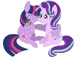 Size: 2592x1936 | Tagged: safe, artist:squipycheetah, derpibooru import, smarty pants, starlight glimmer, twilight sparkle, twilight sparkle (alicorn), alicorn, pony, unicorn, lesson zero, cuddling, cute, doll, eyes closed, female, fixed, folded wings, friendshipping, glimmerbetes, happy, hug, lesbian, shipping, simple background, sitting, smiling, snuggling, spread wings, story included, toy, transparent background, twiabetes, twilight's counterparts, twistarlight, vector, winghug