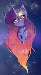 Size: 833x1500 | Tagged: safe, artist:niniibear, derpibooru import, oc, unofficial characters only, adoptable, blue, bust, colored pupils, cute, ear fluff, fluffy, food, galaxy, galaxy pony, night, orange, peach, pink, portrait, purple, red, red eyes, smiling, solo, stars, white, yellow