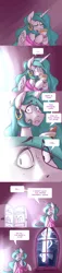 Size: 1080x4734 | Tagged: safe, artist:romanrazor, derpibooru import, princess celestia, alicorn, pony, ask king sombra, good morning celestia, blast, blue-mane celestia, comic, dialogue, ear piercing, earring, female, food, jewelry, magic, magic beam, magic blast, mare, piercing, refrigerator, shot seen around the world, solo, speech bubble, tea, teacup, tumblr crossover