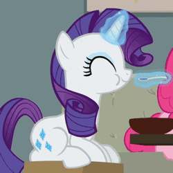 Size: 504x504 | Tagged: safe, derpibooru import, screencap, pinkie pie, rarity, earth pony, pony, unicorn, spice up your life, animated, bowl, chewing, cute, eating, eyes closed, female, happy, mare, munching, nom, raribetes, sitting, solo focus, spoon