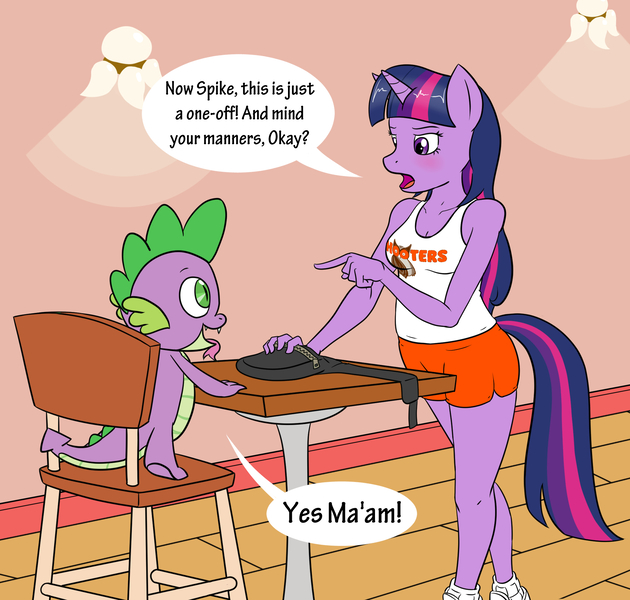 Size: 2100x2000 | Tagged: questionable, artist:ashley_urikoshima, derpibooru import, spike, twilight sparkle, anthro, plantigrade anthro, comic:pick your prey, blushing, breasts, busty twilight sparkle, cleavage, dialogue, female, fetish, hooters, imminent vore, kitchen eyes, open mouth, sneakers, spipred, tongue out, willing vore