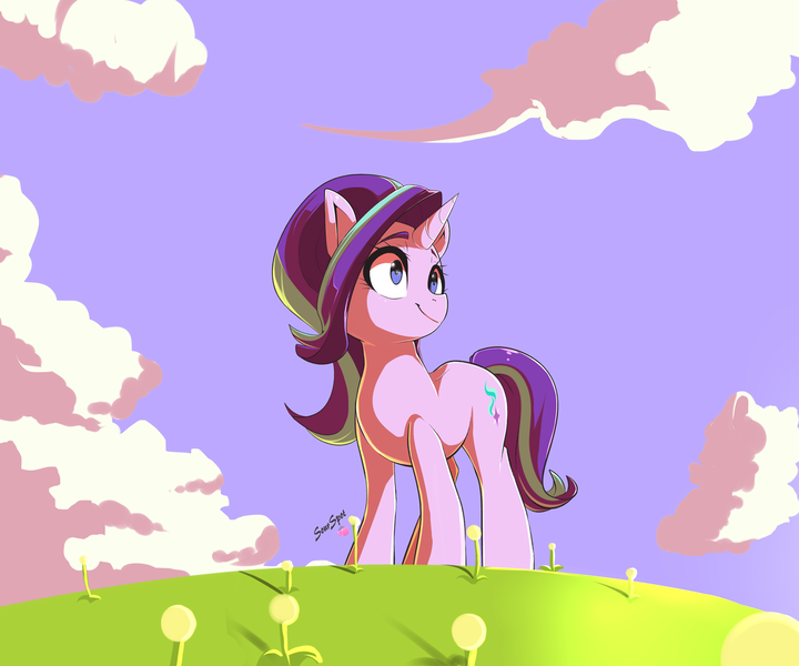 Size: 1280x1066 | Tagged: safe, artist:sourspot, derpibooru import, starlight glimmer, pony, unicorn, cloud, dandelion, female, looking away, mare, outdoors, smiling, solo, standing