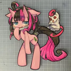 Size: 1280x1280 | Tagged: artist:mosamosa_n, commission, cutout, derpibooru import, mask, multiple horns, oc, safe, sock puppet, solo, tail wrap, traditional art, unofficial characters only