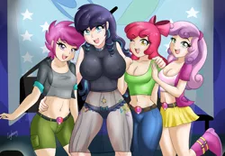 Size: 1200x828 | Tagged: suggestive, artist:thebrokencog, derpibooru import, apple bloom, coloratura, scootaloo, sweetie belle, equestria girls, the mane attraction, belly button, big breasts, black underwear, breasts, busty apple bloom, busty cmc, busty coloratura, busty scootaloo, busty sweetie belle, cleavage, clothes, commission, cutie mark crusaders, dress, equestria girls-ified, erect nipples, female, frilly underwear, human coloration, little black dress, midriff, nipples, open mouth, panties, pants, raised leg, rara, ribbon, see-through, short shirt, shorts, signature, skirt, underwear, veil, wink