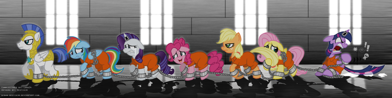 Size: 3200x800 | Tagged: safe, artist:niban-destikim, derpibooru import, applejack, fluttershy, pinkie pie, rainbow dash, rarity, twilight sparkle, twilight sparkle (alicorn), alicorn, pony, abuse, angry, blushing, bound together, bound wings, chains, clothes, crying, cuffs, hobbled, horn ring, magic suppression, mane six, orange is the new black, prison outfit, prisoner, prisoner ts, royal guard, swearing, twilybuse, vulgar