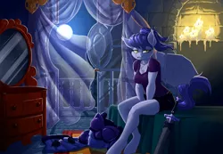 Size: 1449x1000 | Tagged: safe, artist:pusspuss, derpibooru import, oc, oc:stella, oc:stella sabre, unofficial characters only, anthro, bat pony, unguligrade anthro, armor, balcony, bed, candle, fanfic art, looking at you, moon, solo, sword, weapon