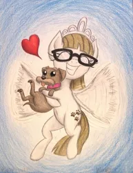 Size: 785x1017 | Tagged: safe, artist:thefriendlyelephant, derpibooru import, ripley, zippoorwhill, dog, pegasus, pony, belly button, commission, cute, filly, glasses, heart, hug, jewelry, midair, paw prints, pet, puppy, smiling, thefriendlyelephant is trying to murder us, tiara, traditional art, zippoorbetes