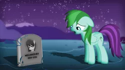 Size: 1920x1080 | Tagged: artist:ryuuichi-shasame, artist:szinthom, crying, derpibooru import, edit, feels, gravestone, implied death, melodicpony, musician, night, oc, oc:melodicpony, oc:rico, rest in peace, sad, safe, solo, tribute, unofficial characters only
