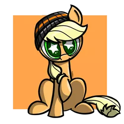 Size: 2400x2400 | Tagged: safe, artist:malphee, derpibooru import, applejack, beanie, hat, looking at you, raised hoof, solo, wingding eyes