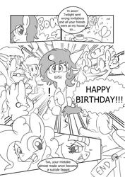 Size: 1735x2456 | Tagged: safe, artist:traditionaldrawfaglvl1, derpibooru import, pinkie pie, twilight sparkle, oc, oc:anon, oc:anonfilly, birthday, comic, dialogue, female, filly, /mlp/, monochrome, vulgar