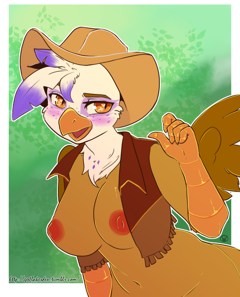 Size: 1011x1252 | Tagged: questionable, artist:arnachy, derpibooru import, gilda, anthro, gryphon, adorasexy, belly button, big breasts, breasts, busty gilda, cowboy hat, cowboy vest, cute, female, freckles, hat, nipples, nudity, sexy, solo, solo female, stupid sexy gilda