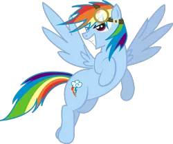 Size: 1383x1157 | Tagged: safe, artist:shamonme, derpibooru import, rainbow dash, flying, goggles, grin, simple background, smiling, solo, transparent background