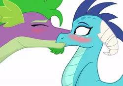 Size: 1024x715 | Tagged: safe, artist:colourstrike, derpibooru import, princess ember, spike, dragon, beard, blushing, dragoness, emberspike, facial hair, female, kiss on the lips, kissing, male, older, older spike, shipping, simple background, story included, straight, surprise kiss, surprised, white background