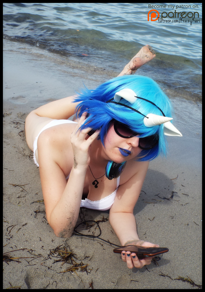 Size: 1404x2000 | Tagged: artist:krazykari, beach, bikini, breasts, clothes, cosplay, costume, derpibooru import, human, irl, irl human, photo, solo, suggestive, sunglasses, swimsuit, vinyl scratch