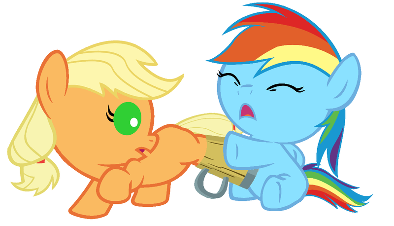 Size: 1280x733 | Tagged: safe, artist:red4567, derpibooru import, applejack, rainbow dash, baby dash, babyjack, cider, cup, cute, dashabetes, foal, hooves, jackabetes, red4567 is trying to murder us, stuck, weapons-grade cute