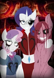 Size: 1280x1853 | Tagged: semi-grimdark, artist:lil miss jay, derpibooru import, opalescence, rarity, sweetie belle, anthro, lil-miss rarity, bow, crying, fire, looking at you, opalmina, scar, sinister