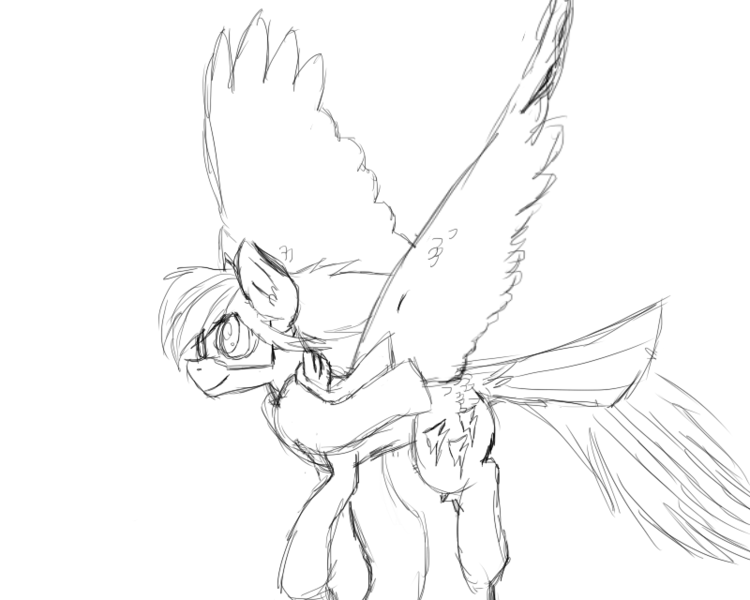 Size: 800x640 | Tagged: safe, artist:bravefleet, derpibooru import, oc, oc:brave fleet, unofficial characters only, pegasus, pony, clothes, flying, goggles, monochrome, scarf, sketch, solo, tail feathers, takeoff, wings