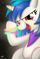 Size: 1875x2750 | Tagged: safe, artist:shinodage, derpibooru import, vinyl scratch, bandana, bracelet, glowstick, happy, jewelry, rave, solo