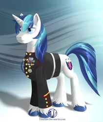 Size: 1280x1517 | Tagged: safe, artist:varaann, derpibooru import, shining armor, pony, unicorn, clothes, dress uniform, male, medals, military, royal guard, solo, stallion, uniform, unshorn fetlocks