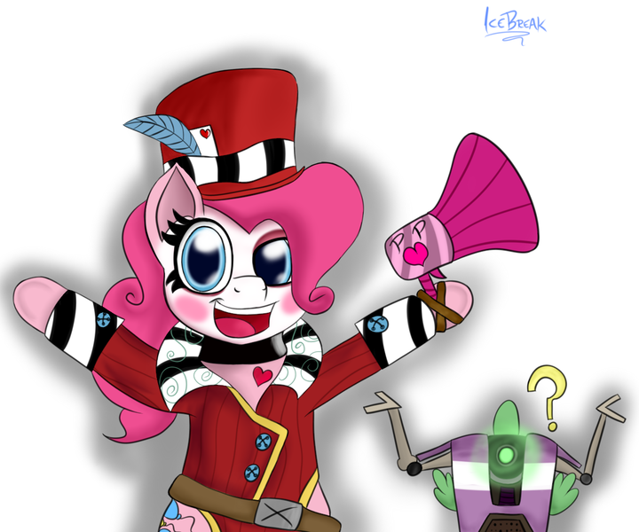 Size: 1200x1000 | Tagged: artist:icebreak23, borderlands, claptrap, crossover, derpibooru import, mad moxxi, pinkie pie, safe, spike