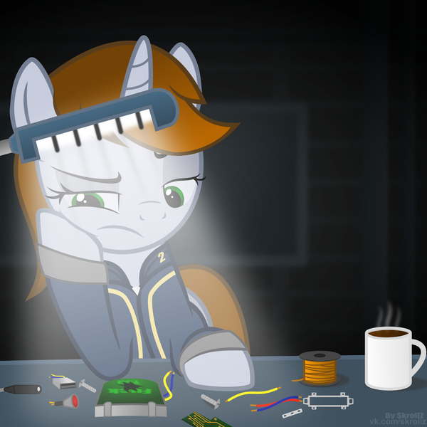 Size: 2000x2000 | Tagged: safe, artist:skrollz, derpibooru import, oc, oc:littlepip, unofficial characters only, pony, unicorn, fallout equestria, fanfic, clothes, coffee, fanfic art, female, mare, pcb, solo, vault suit, vulgar, wires