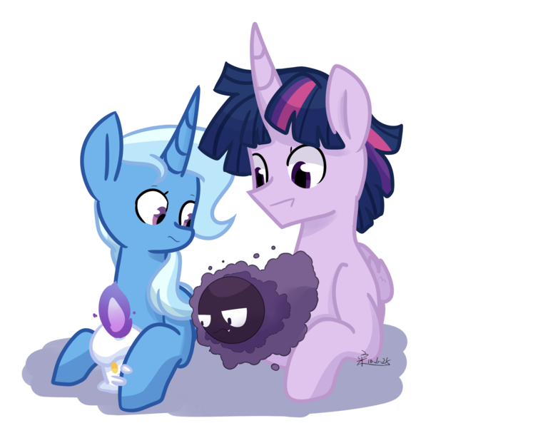 Size: 2700x2148 | Tagged: safe, artist:yaaaco, derpibooru import, trixie, twilight sparkle, twilight sparkle (alicorn), alicorn, gastly, litwick, pony, crossover, dusk shine, female, half r63 shipping, male, pokémon, prince dusk, rule 63, scared, shipping, straight