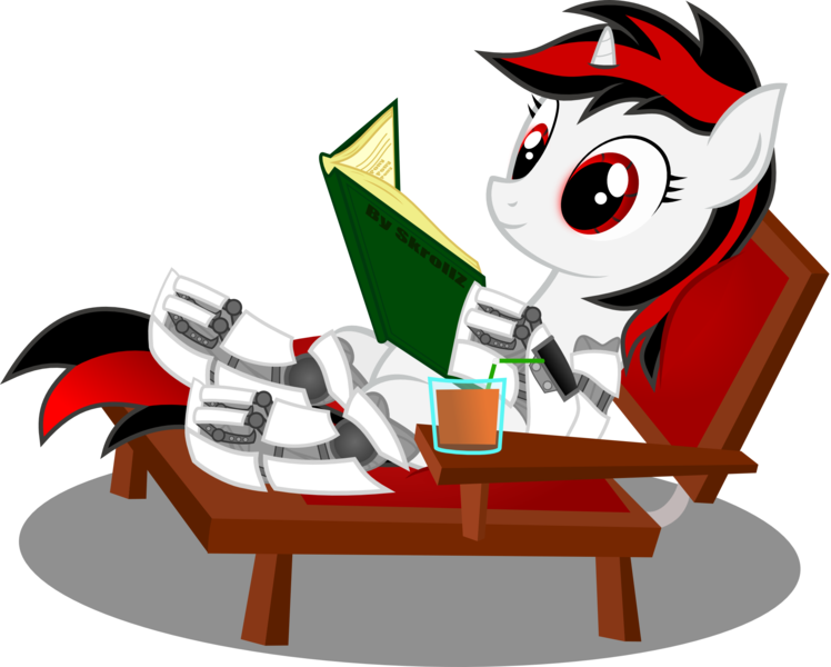 Size: 2112x1694 | Tagged: safe, artist:skrollz, derpibooru import, oc, oc:blackjack, unofficial characters only, cyborg, pony, unicorn, fallout equestria, fallout equestria: project horizons, fanfic, beach chair, book, fanfic art, female, glasses, hooves, horn, level 1 (project horizons), lying down, mare, simple background, smiling, solo, text, transparent background