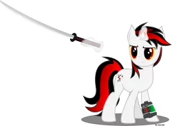 Size: 4358x3202 | Tagged: safe, artist:skrollz, derpibooru import, oc, oc:blackjack, unofficial characters only, pony, unicorn, fallout equestria, fallout equestria: project horizons, fanfic, cutie mark, fanfic art, female, glowing horn, hooves, horn, jaundice, katana, levitation, magic, mare, pipbuck, simple background, solo, sword, telekinesis, transparent background, weapon