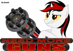 Size: 6196x4308 | Tagged: dead source, safe, artist:skrollz, derpibooru import, oc, oc:blackjack, unofficial characters only, pony, unicorn, fallout equestria, fallout equestria: project horizons, fanfic, absurd resolution, fanfic art, female, gun, hooves, horn, machine, machine gun, mare, needs more guns, simple background, solo, teeth, text, transparent background, weapon