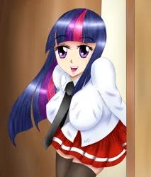 Size: 850x1000 | Tagged: artist:viracon, big breasts, breasts, busty twilight sparkle, clothes, derpibooru import, female, human, humanized, schoolgirl, school uniform, socks, solo, solo female, stockings, suggestive, thigh highs, twilight sparkle