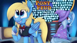 Size: 1024x576 | Tagged: artist:orgin8, bowtie, derpibooru import, family feud, game show, gameshow, oc, pony feud, safe, suit, trixie