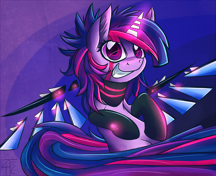 Size: 1250x1020 | Tagged: safe, artist:wildberry-poptart, derpibooru import, twilight sparkle, twilight sparkle (alicorn), alicorn, cyborg, pony, alternate hairstyle, amputee, augmented, badass, clothes, cyberpunk, prosthetic horn, prosthetic limb, prosthetic wing, prosthetics, smiling, socks, solo, tattoo, twilight snapple