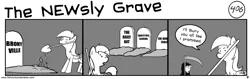 Size: 1604x506 | Tagged: safe, artist:tetrapony, derpibooru import, derpy hooves, dinky hooves, pegasus, pony, comic:the daily derp, bronyville podcast, comic, equestria gaming, female, grave, mare, monochrome, shovel, the daily oat