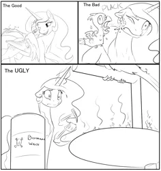 Size: 1020x1080 | Tagged: artist:silfoe, ask, biohazard, comic, derpibooru import, dialogue, dustpan, floppy ears, grayscale, gross, magic, monochrome, philomena, pickaxe, poop, princess celestia, royal sketchbook, safe, the good the bad and the ugly, tumblr, wide eyes