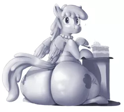 Size: 1280x1159 | Tagged: artist:sirmasterdufel, blueberry cloud, cake, chubby, derpibooru import, fat, female, food, fork, monochrome, plot, simple background, solo, solo female, suggestive, the ass was fat, white background, wide hips