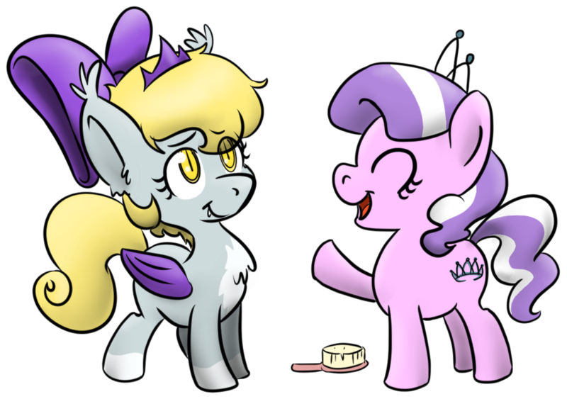 Size: 1024x721 | Tagged: safe, artist:lockhe4rt, derpibooru import, diamond tiara, oc, oc:cherrywood, bat pony, earth pony, pony, bow, brush, chest fluff, cute, eyes closed, female, filly, hair bow, hairbrush, jewelry, simple background, tiara, transparent background