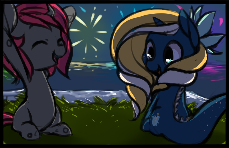 Size: 1442x935 | Tagged: artist:starshinebeast, brexit, changeling, changeling oc, colt, derpibooru import, female, filly, fireworks, foal, male, oc, oc:glitch desire, oc:tidal charm, original species, pink changeling, safe, seaunicorn, unofficial characters only, white cliffs of dover