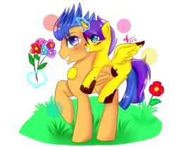 Size: 1024x850 | Tagged: safe, artist:celeslun03, derpibooru import, flash sentry, oc, oc:orion galaxy, alicorn, pony, alicorn oc, colt, dirty, father and son, flower, implied flashlight, magic, male, offspring, papa flash, parent:flash sentry, parent:twilight sparkle, parents:flashlight