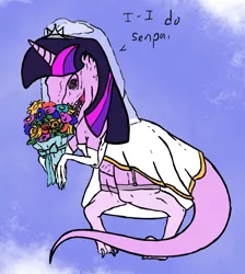 Size: 900x1004 | Tagged: artist:slamjam, bouquet, clothes, context is for the weak, derpibooru import, dinosaur, dress, flower, not salmon, safe, solo, species swap, twilight sparkle, velociraptor, wat, wedding dress, wedding veil