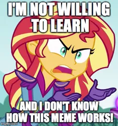 Size: 365x390 | Tagged: safe, derpibooru import, edit, edited screencap, screencap, sunset shimmer, equestria girls, friendship games, exploitable meme, image macro, meme, solo, sunset is not willing to learn