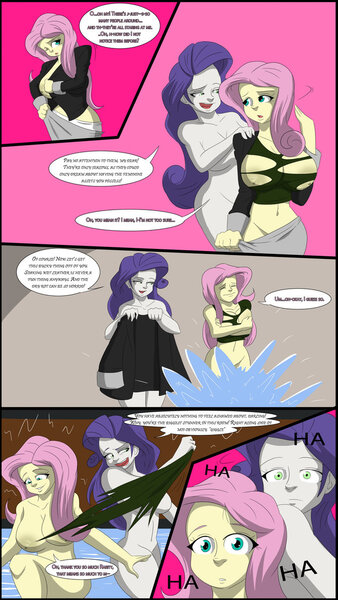 Size: 671x1191 | Tagged: questionable, artist:tfsubmissions, derpibooru import, part of a set, fluttershy, rarity, human, comic:the mane attraction, equestria girls, belly button, big breasts, breasts, brony, busty fluttershy, busty rarity, clothes, comic, convention, female, fountain, group, inspirarity, jacket, laughing, leather jacket, magic, male to female, nipples, nudity, part of a series, possessed, rule 63, torn clothes, transformation, transgender transformation, undressing, wardrobe malfunction, water