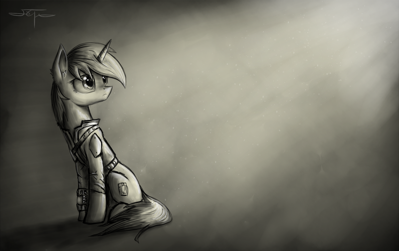 Size: 2058x1296 | Tagged: safe, artist:setharu, derpibooru import, oc, oc:littlepip, unofficial characters only, pony, unicorn, fallout equestria, fanfic, black and white, clothes, cutie mark, ear fluff, fanfic art, female, frown, grayscale, hooves, horn, looking up, mare, monochrome, pipbuck, sad, signature, sitting, sketch, solo, vault suit