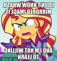 Size: 468x500 | Tagged: safe, derpibooru import, edit, edited screencap, screencap, sunset shimmer, equestria girls, friendship games, caption, exploitable meme, image macro, meme, mirrored, sunset is not willing to learn