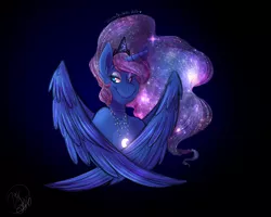 Size: 1280x1024 | Tagged: anthro, artist:trishabeakens, bust, colored pupils, derpibooru import, folded wings, galaxy mane, jewelry, looking at you, necklace, princess luna, safe, smiling, solo