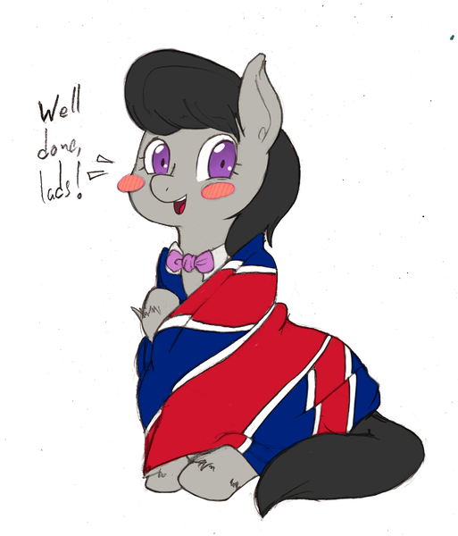 Size: 1024x1197 | Tagged: artist:i am nude, artist:trickydick, blushing, blush sticker, brexit, britavia, british, derpibooru import, flag, fluffy, looking at you, mouthpiece, octavia melody, octchavia, politics, safe, simple background, smiling, solo, united kingdom, white background