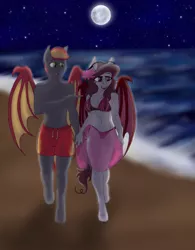 Size: 1024x1312 | Tagged: suggestive, artist:blackblood-queen, derpibooru import, oc, oc:savory zest, oc:scarlet quill, unofficial characters only, anthro, bat pony, unguligrade anthro, age difference, anthro oc, bare chest, beach, bikini, breasts, clothes, couple, female, full moon, husband and wife, male, married couple, moon, oc x oc, sarong, scarlory, see-through, shipping, starry night, stars, straight, swimming trunks, swimsuit, topless, transparent, wave