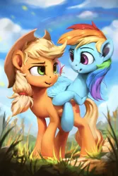 Size: 800x1200 | Tagged: safe, artist:assasinmonkey, derpibooru import, part of a set, applejack, rainbow dash, earth pony, pegasus, pony, cowboy hat, crossed hooves, cute, dashabetes, female, freckles, hat, jackabetes, looking at each other, mare, open mouth, outdoors, raised hoof, smiling, stetson