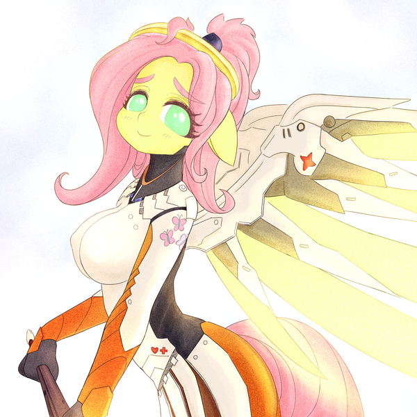 Size: 1791x1791 | Tagged: artist:sigpi, big breasts, breasts, busty fluttershy, crossover, cute, derpibooru import, eared humanization, female, fluttershy, human, human facial structure, humanized, mercy, mercyshy, overwatch, ponytail, safe, shyabetes, solo, tail, tailed humanization
