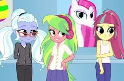Size: 1805x1184 | Tagged: safe, artist:bootsyslickmane, derpibooru import, lemon zest, sour sweet, sugarcoat, oc, sea pony, fanfic, fanfic:the shadowbolts adventures, equestria girls, friendship games, alternate costumes, button, cardigan, clothes, easter egg, fanfic art, freckles, glasses, headphones, pants, pigtails, pleated skirt, ponytail, poster, skirt, smiling, tanktop, trio, worried