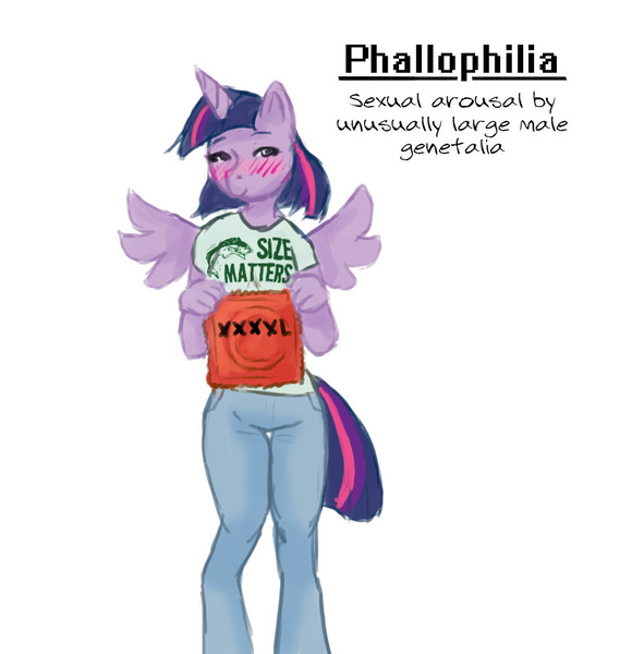 Size: 1052x1088 | Tagged: alicorn, anthro, artist:sehad, big book of fetishes, blushing, condom, derpibooru import, fetish, funny, implied big macintosh, questionable, short hair, simple, simple background, size queen, solo, t shirt design, twilight sparkle, twilight sparkle (alicorn)